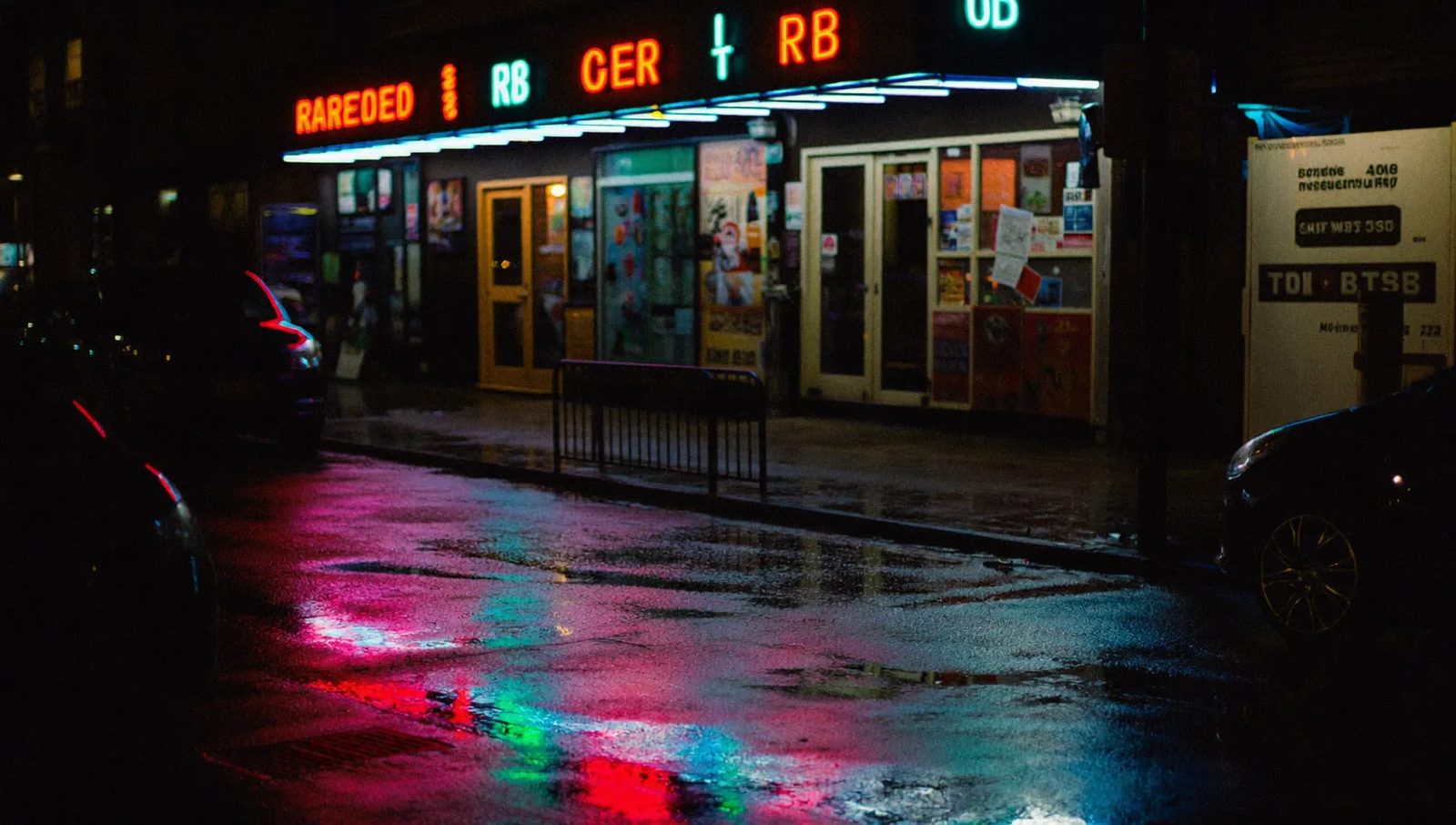 A wet Neasden street at night, neon reflected on the pavement
